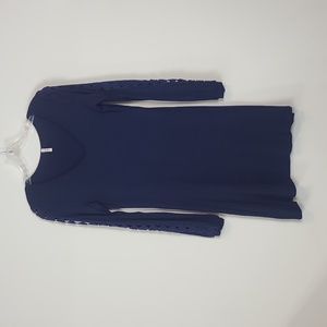 PINKBLUSH Navy V-Neck Long Sleeves with Crochet Lace Details Midi Dress